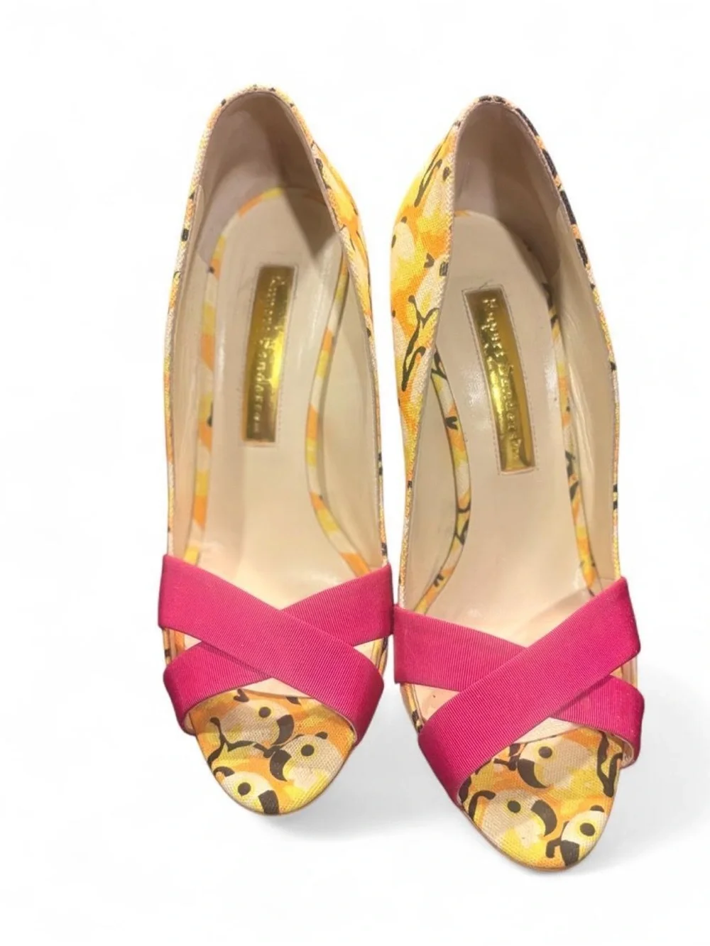 Rupert Sanderson Pink and Yellow Peep-Toe Wedge Heels Euro 39.5